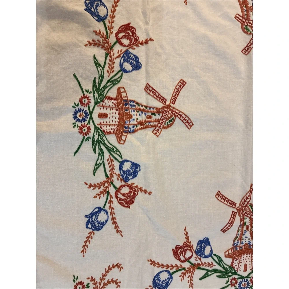 VTG White Linen Table Topper Hand Embroidered Tulips Windmills 32x33